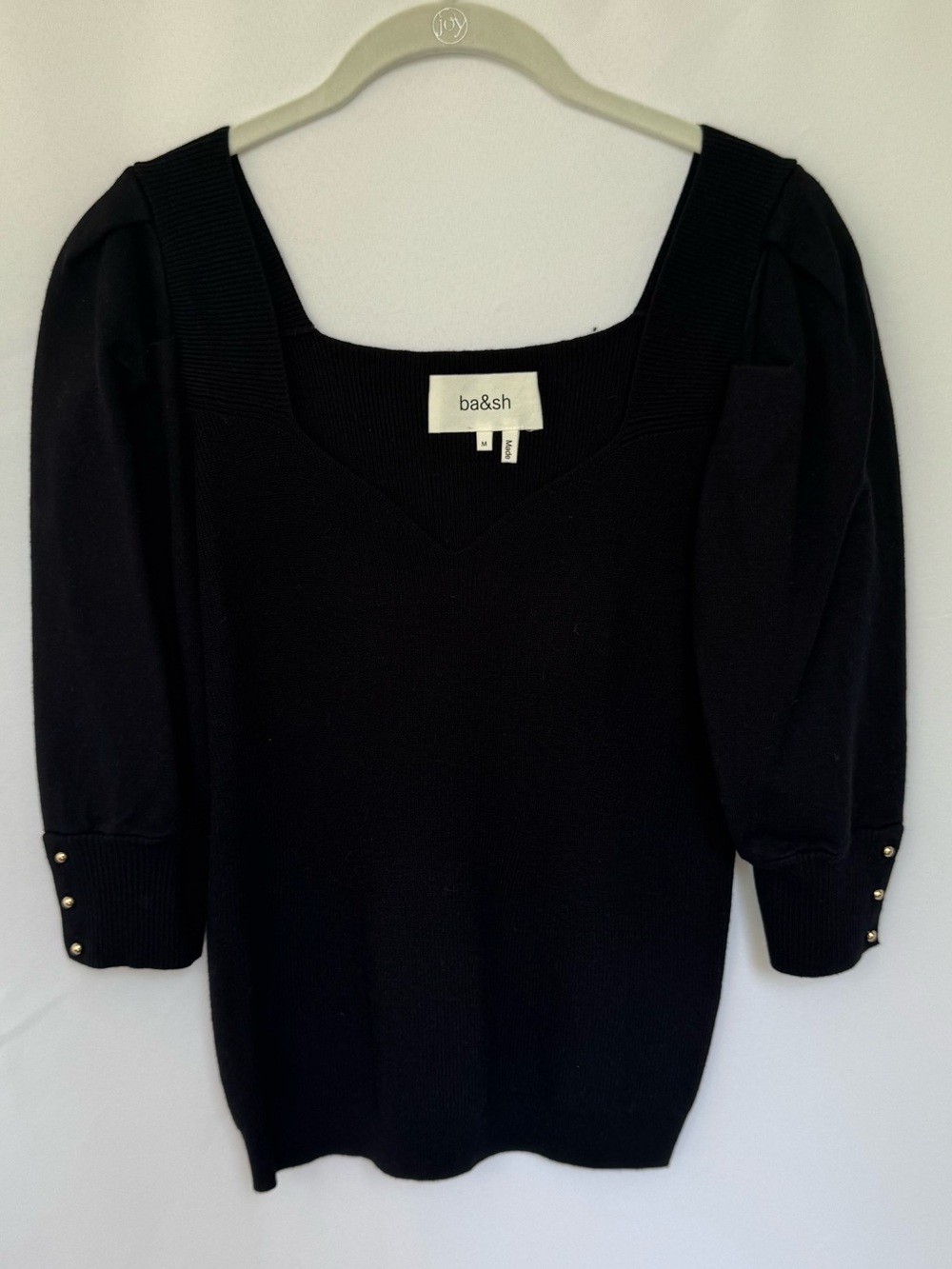 Ba&Sh - Black Square Neck Puff Sleeve Top with Gold Buttons